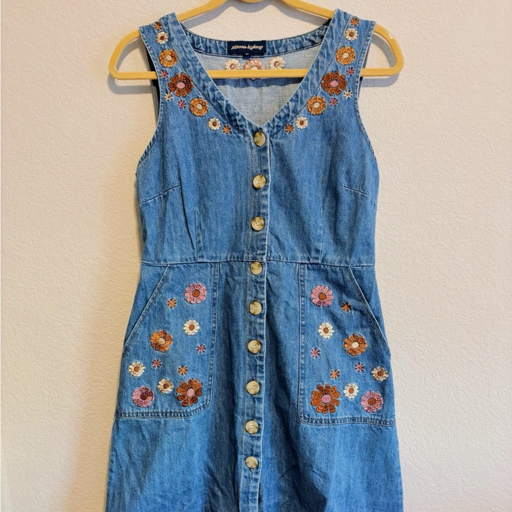 Princess Highway Blue Denim Dress with Floral Embroidery